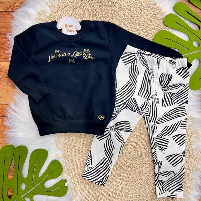  Conj. Casaco Life needs a Little Bow e Calça Legging - Preto e Dourado